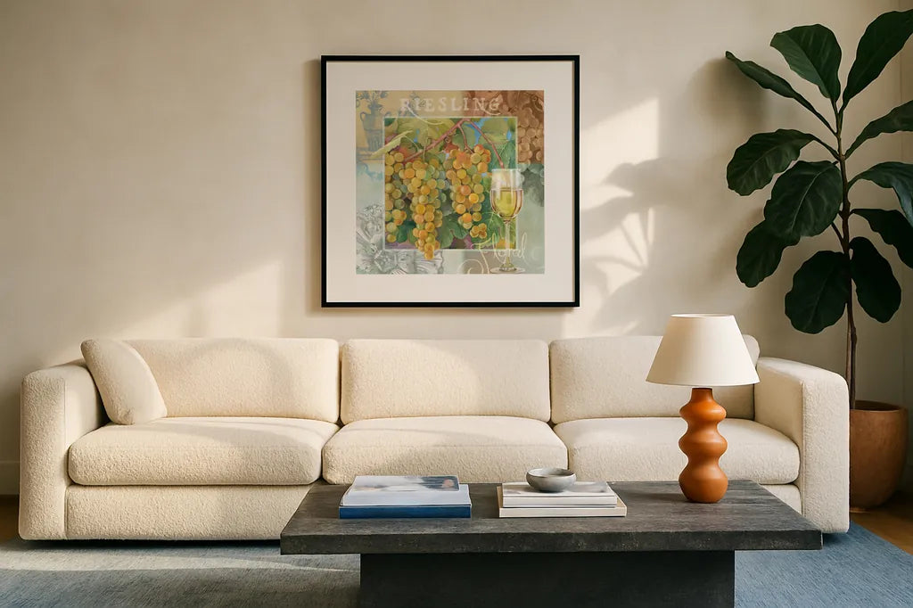 Riesling by Beth Grove. Displayed in a glass frame with matte in a clean modern living room. Available as an archival giclee rolled canvas, fine art paper, or poster print. SKU 29647a.
