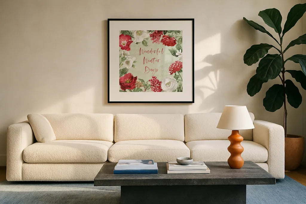 Rustic Season II by Beth Grove. Displayed in a glass frame with matte in a clean modern living room. Available as an archival giclee rolled canvas, fine art paper, or poster print. SKU 57370a.