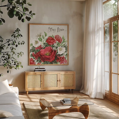 Rustic Season VI by Beth Grove. Shown in a natural wood frame in a cozy modern living room. Available as an archival giclee rolled canvas, fine art paper, or poster print. SKU 57374a.