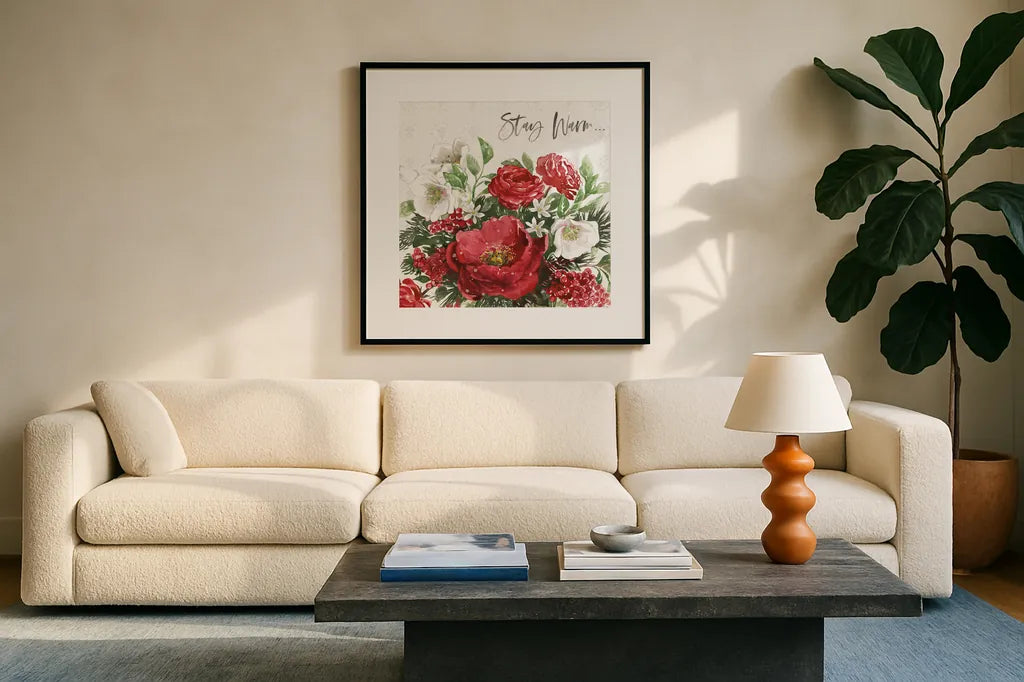 Rustic Season VI by Beth Grove. Displayed in a glass frame with matte in a clean modern living room. Available as an archival giclee rolled canvas, fine art paper, or poster print. SKU 57374a.