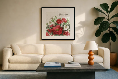 Rustic Season VI by Beth Grove. Displayed in a glass frame with matte in a clean modern living room. Available as an archival giclee rolled canvas, fine art paper, or poster print. SKU 57374a.