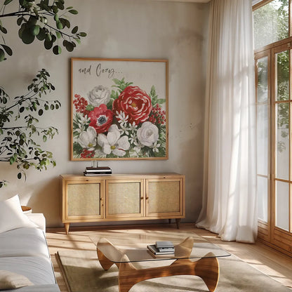 Rustic Season VII by Beth Grove. Shown in a natural wood frame in a cozy modern living room. Available as an archival giclee rolled canvas, fine art paper, or poster print. SKU 57375a.