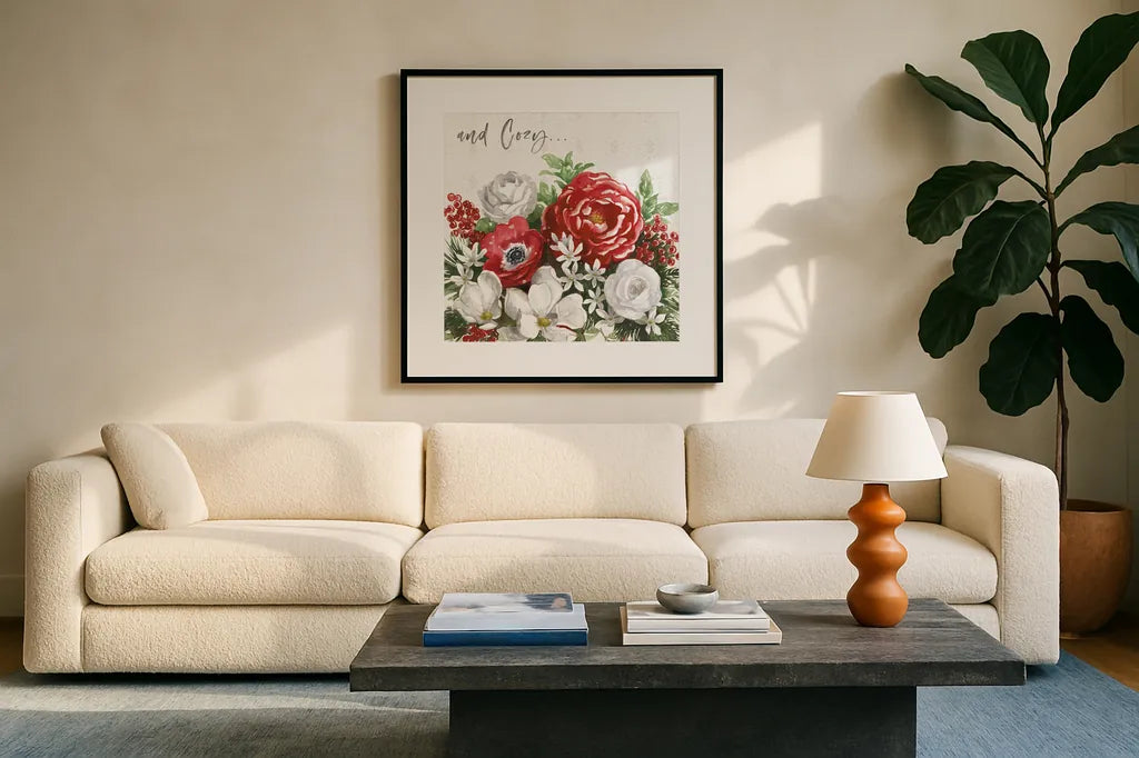Rustic Season VII by Beth Grove. Displayed in a glass frame with matte in a clean modern living room. Available as an archival giclee rolled canvas, fine art paper, or poster print. SKU 57375a.