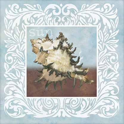 Sandy Shells Blue Spikey by Beth Grove. SKU 44283a. Archival Giclee Fine art print for wall decor.