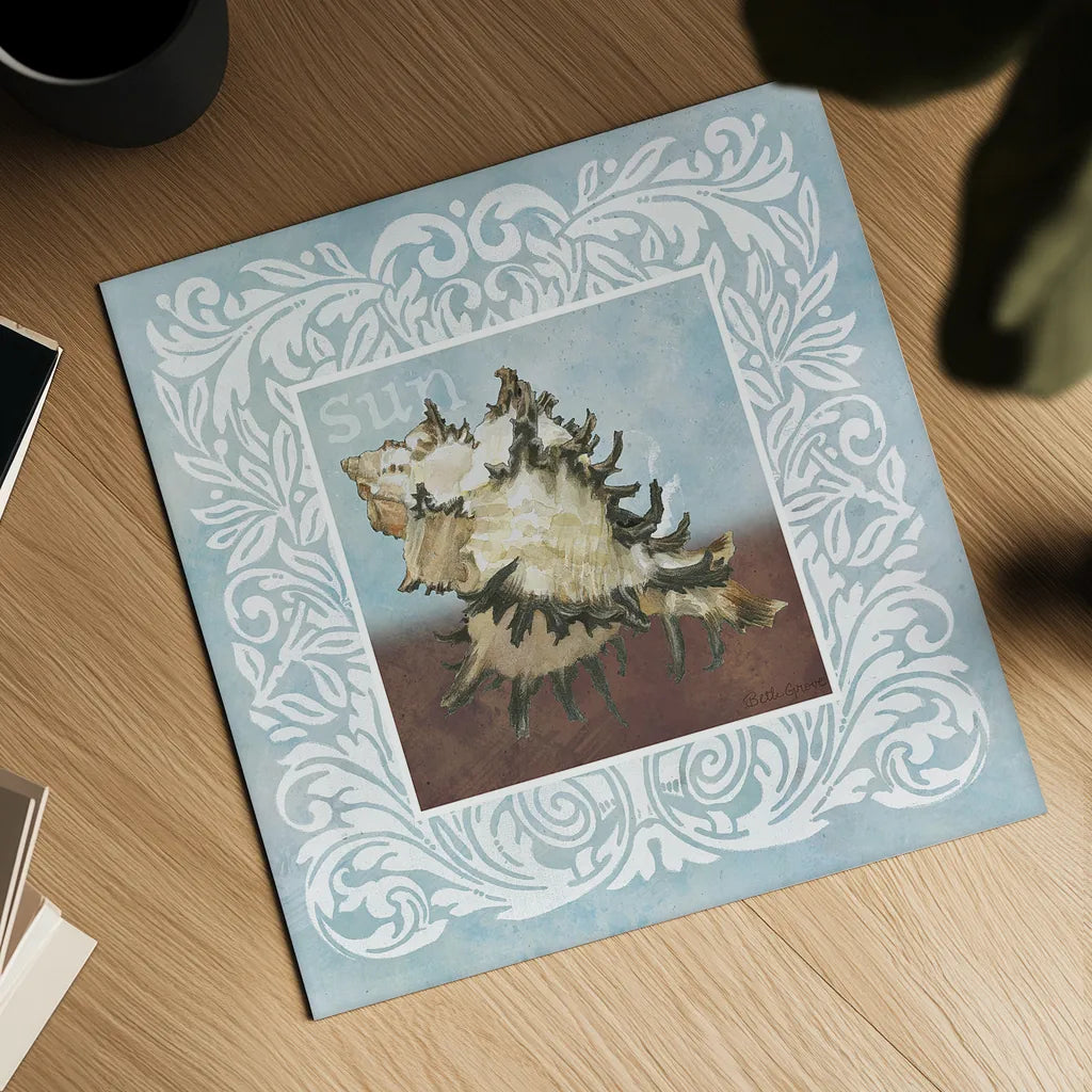 Sandy Shells Blue Spikey by Beth Grove. Shown as a detailed flat fine art print, highlighting archival giclee quality. Available as an archival giclee rolled canvas, fine art paper, or poster print. SKU 44283a.