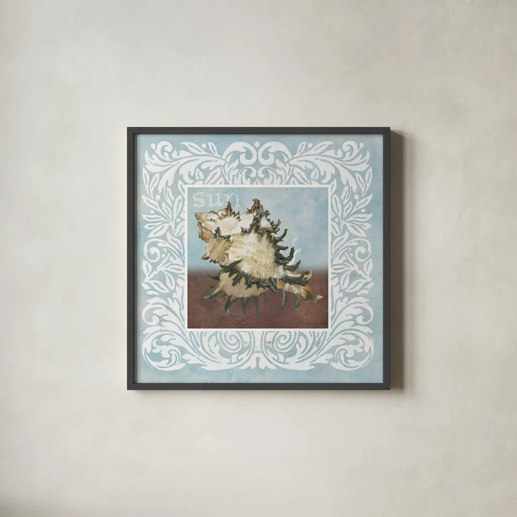 Sandy Shells Blue Spikey by Beth Grove. Shown in a sleek black glass frame for a contemporary gallery look. Available as an archival giclee rolled canvas, fine art paper, or poster print. SKU 44283a.
