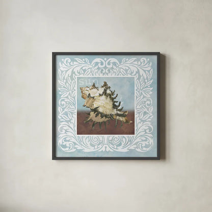 Sandy Shells Blue Spikey by Beth Grove. Shown in a sleek black glass frame for a contemporary gallery look. Available as an archival giclee rolled canvas, fine art paper, or poster print. SKU 44283a.