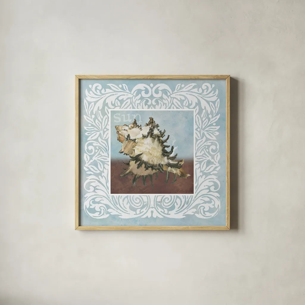 Sandy Shells Blue Spikey by Beth Grove. Shown in a natural wood glass frame for a timeless modern aesthetic. Available as an archival giclee rolled canvas, fine art paper, or poster print. SKU 44283a.