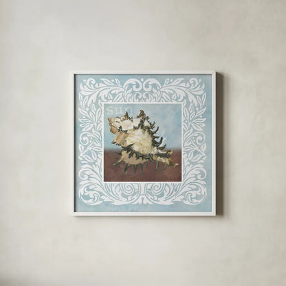 Sandy Shells Blue Spikey by Beth Grove. Shown in a crisp white glass frame for a clean and minimalist style. Available as an archival giclee rolled canvas, fine art paper, or poster print. SKU 44283a.