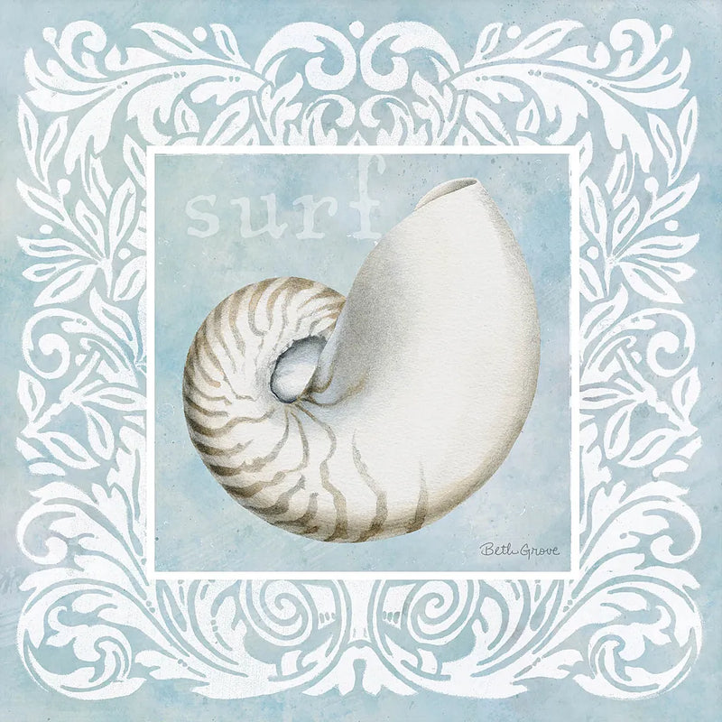 Sandy Shells Blue on Blue Nautilus by Beth Grove. SKU 12888a. Archival Giclee Fine art print for wall decor.