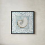 Sandy Shells Blue on Blue Nautilus by Beth Grove. Shown in a sleek black glass frame for a contemporary gallery look. Available as an archival giclee rolled canvas, fine art paper, or poster print. SKU 12888a.
