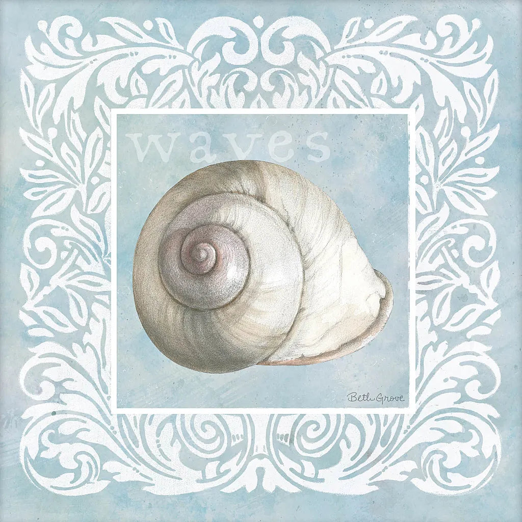 Sandy Shells Blue on Blue Snail by Beth Grove. SKU 44289a. Archival Giclee Fine art print for wall decor.