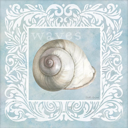 Sandy Shells Blue on Blue Snail by Beth Grove. SKU 44289a. Archival Giclee Fine art print for wall decor.