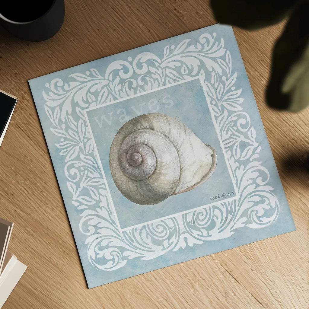 Sandy Shells Blue on Blue Snail by Beth Grove. Shown as a detailed flat fine art print, highlighting archival giclee quality. Available as an archival giclee rolled canvas, fine art paper, or poster print. SKU 44289a.