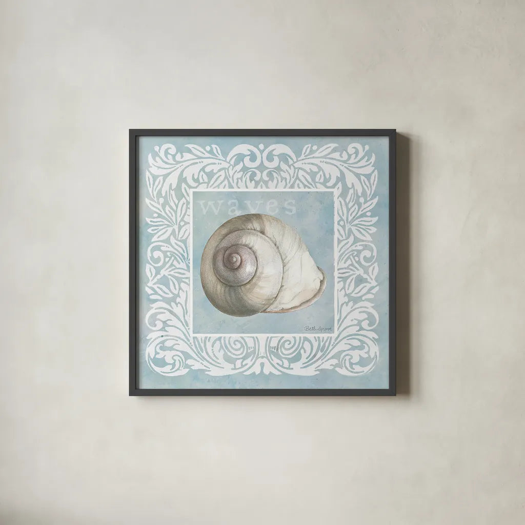 Sandy Shells Blue on Blue Snail by Beth Grove. Shown in a sleek black glass frame for a contemporary gallery look. Available as an archival giclee rolled canvas, fine art paper, or poster print. SKU 44289a.