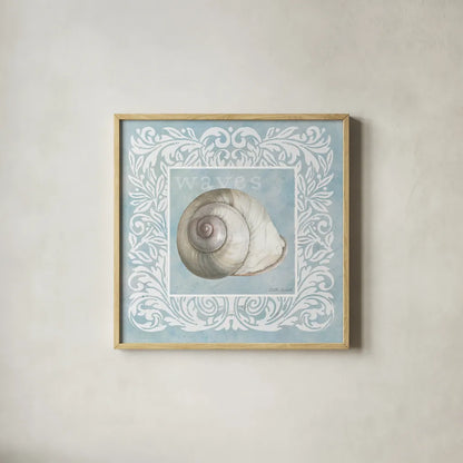 Sandy Shells Blue on Blue Snail by Beth Grove. Shown in a natural wood glass frame for a timeless modern aesthetic. Available as an archival giclee rolled canvas, fine art paper, or poster print. SKU 44289a.