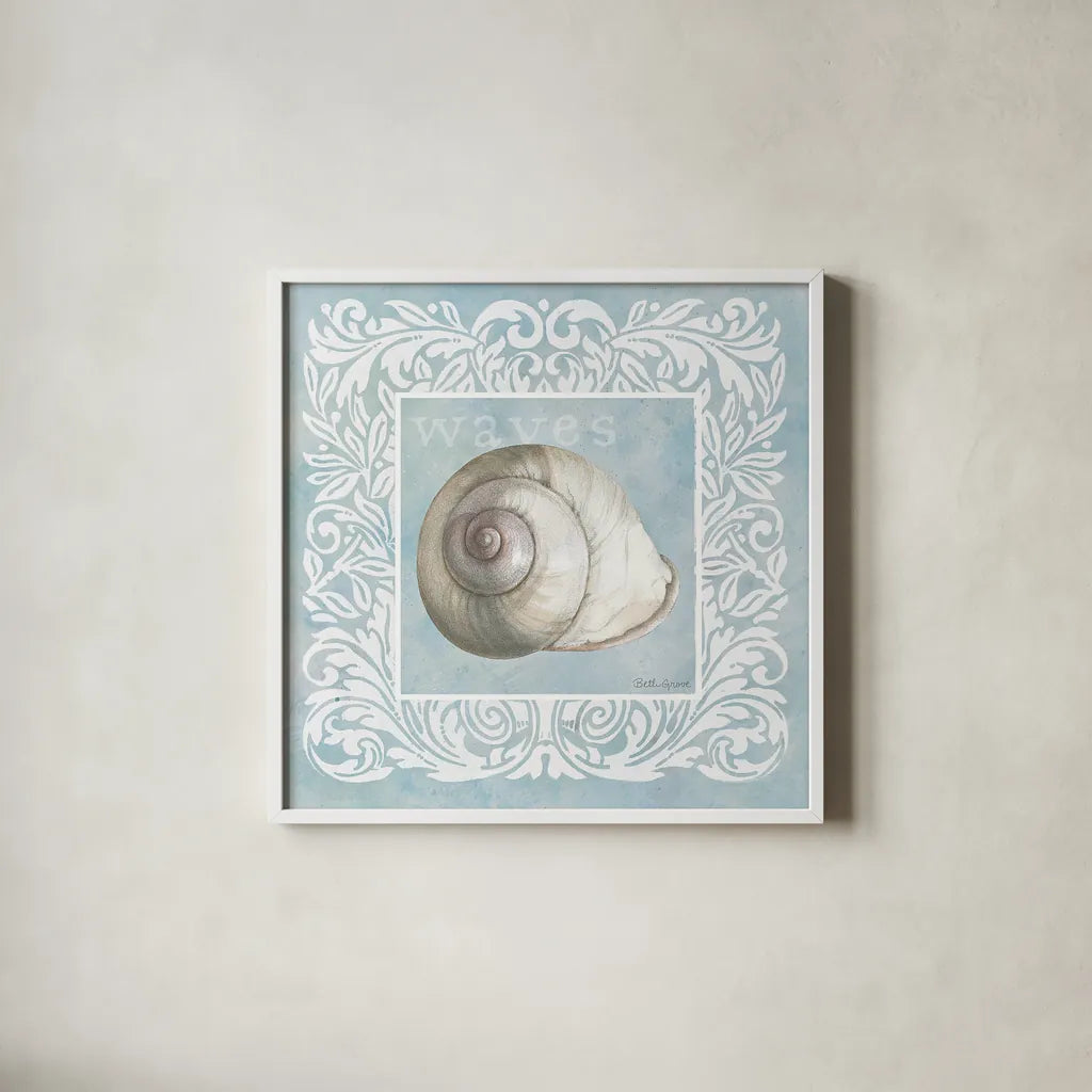 Sandy Shells Blue on Blue Snail by Beth Grove. Shown in a crisp white glass frame for a clean and minimalist style. Available as an archival giclee rolled canvas, fine art paper, or poster print. SKU 44289a.