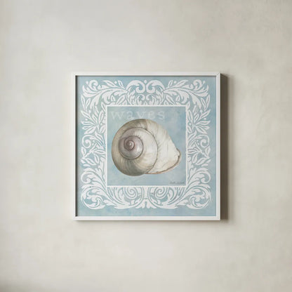 Sandy Shells Blue on Blue Snail by Beth Grove. Shown in a crisp white glass frame for a clean and minimalist style. Available as an archival giclee rolled canvas, fine art paper, or poster print. SKU 44289a.
