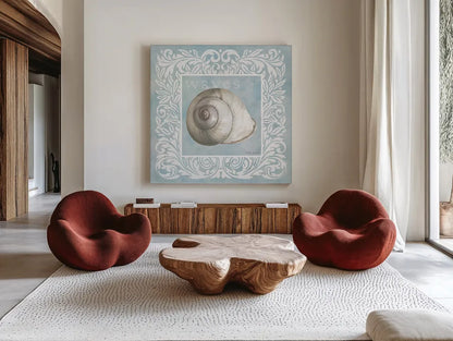 Sandy Shells Blue on Blue Snail by Beth Grove. Shown as extra-large giant wall art in a modern living room. Available as an archival giclee rolled canvas, fine art paper, or poster print. SKU 44289a.