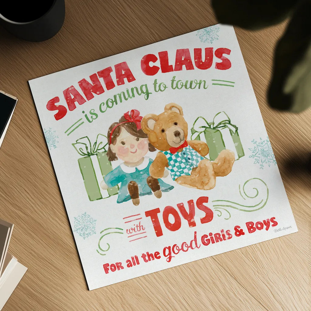 Santa Signs III by Beth Grove. Shown as a detailed flat fine art print, highlighting archival giclee quality. Available as an archival giclee rolled canvas, fine art paper, or poster print. SKU 74591a.