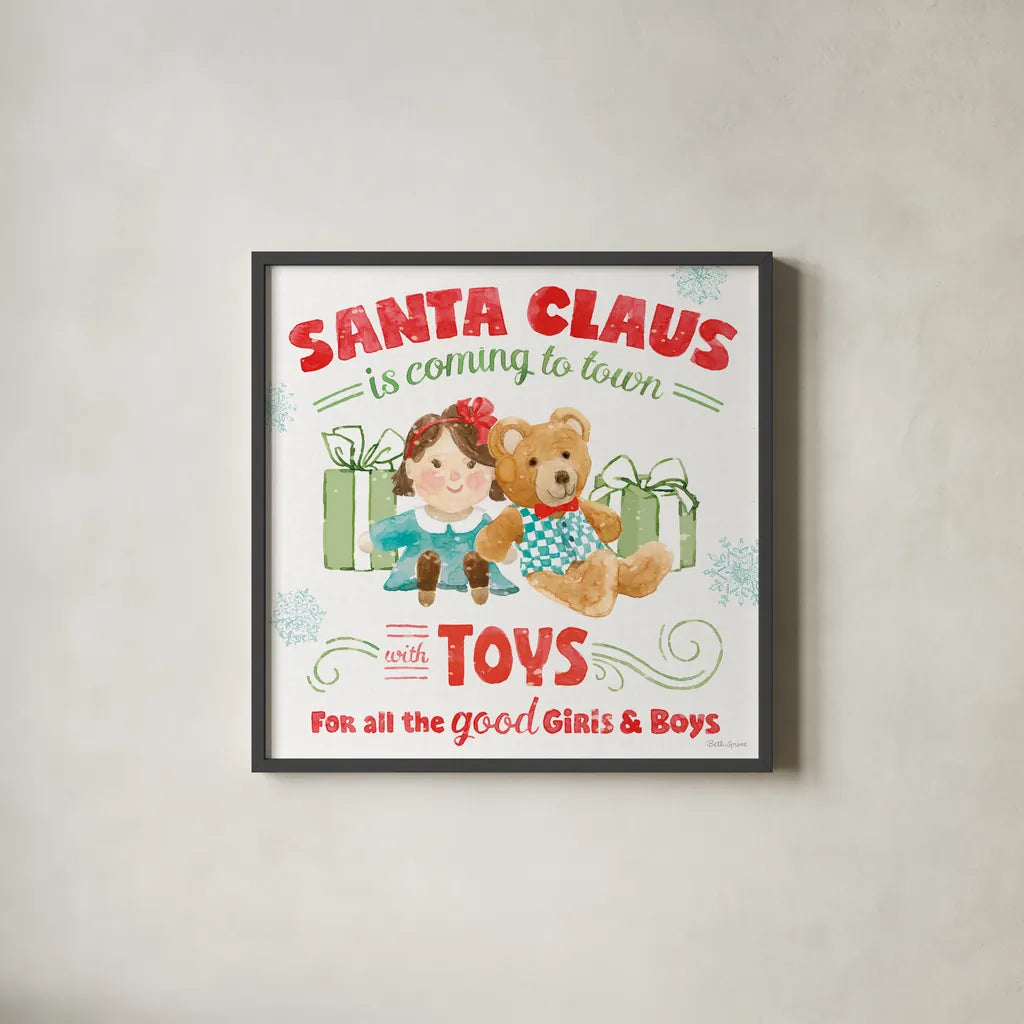 Santa Signs III by Beth Grove. Shown in a sleek black glass frame for a contemporary gallery look. Available as an archival giclee rolled canvas, fine art paper, or poster print. SKU 74591a.