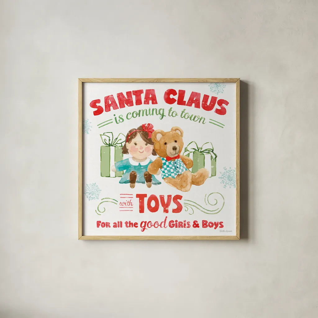 Santa Signs III by Beth Grove. Shown in a natural wood glass frame for a timeless modern aesthetic. Available as an archival giclee rolled canvas, fine art paper, or poster print. SKU 74591a.