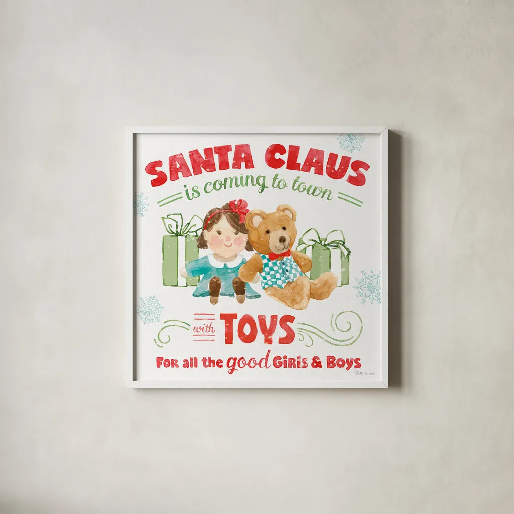 Santa Signs III by Beth Grove. Shown in a crisp white glass frame for a clean and minimalist style. Available as an archival giclee rolled canvas, fine art paper, or poster print. SKU 74591a.