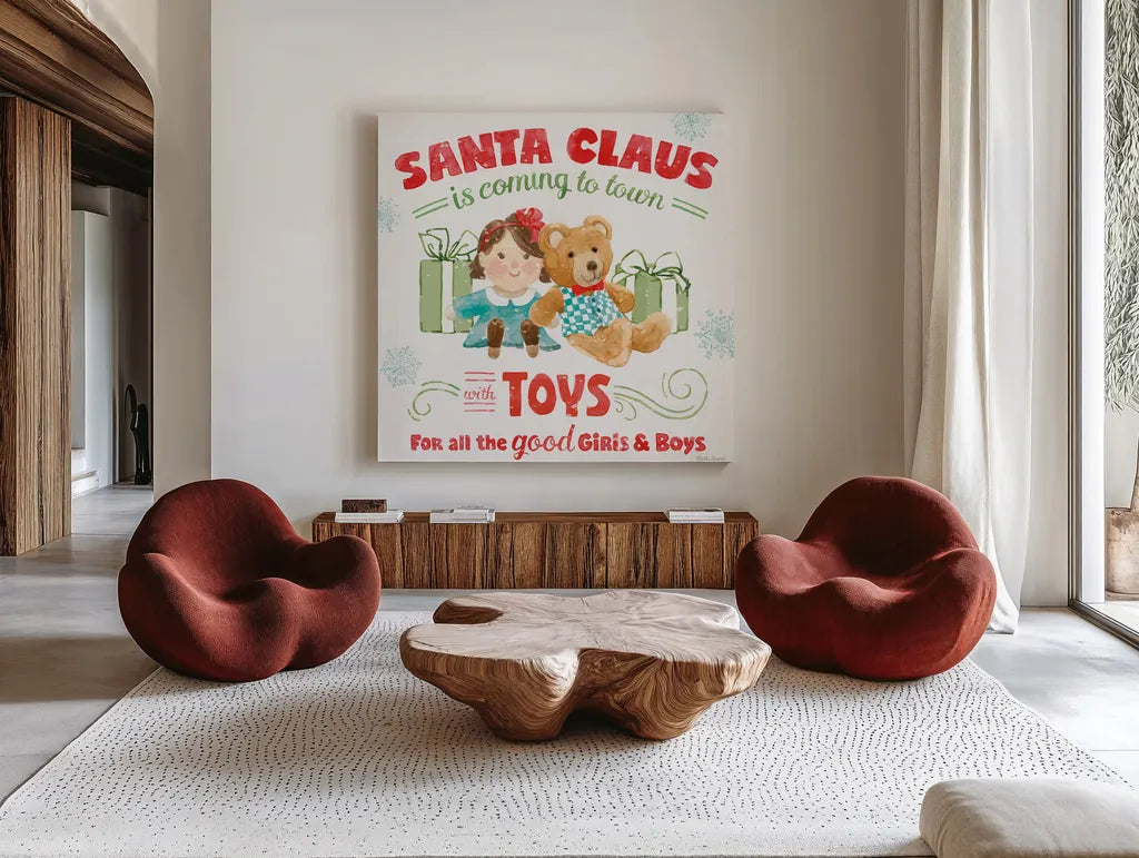 Santa Signs III by Beth Grove. Shown as extra-large giant wall art in a modern living room. Available as an archival giclee rolled canvas, fine art paper, or poster print. SKU 74591a.
