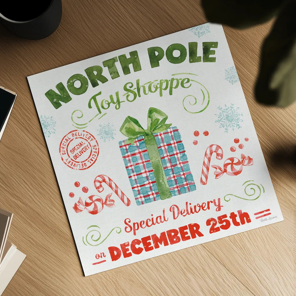 Santa Signs IV by Beth Grove. Shown as a detailed flat fine art print, highlighting archival giclee quality. Available as an archival giclee rolled canvas, fine art paper, or poster print. SKU 74592a.