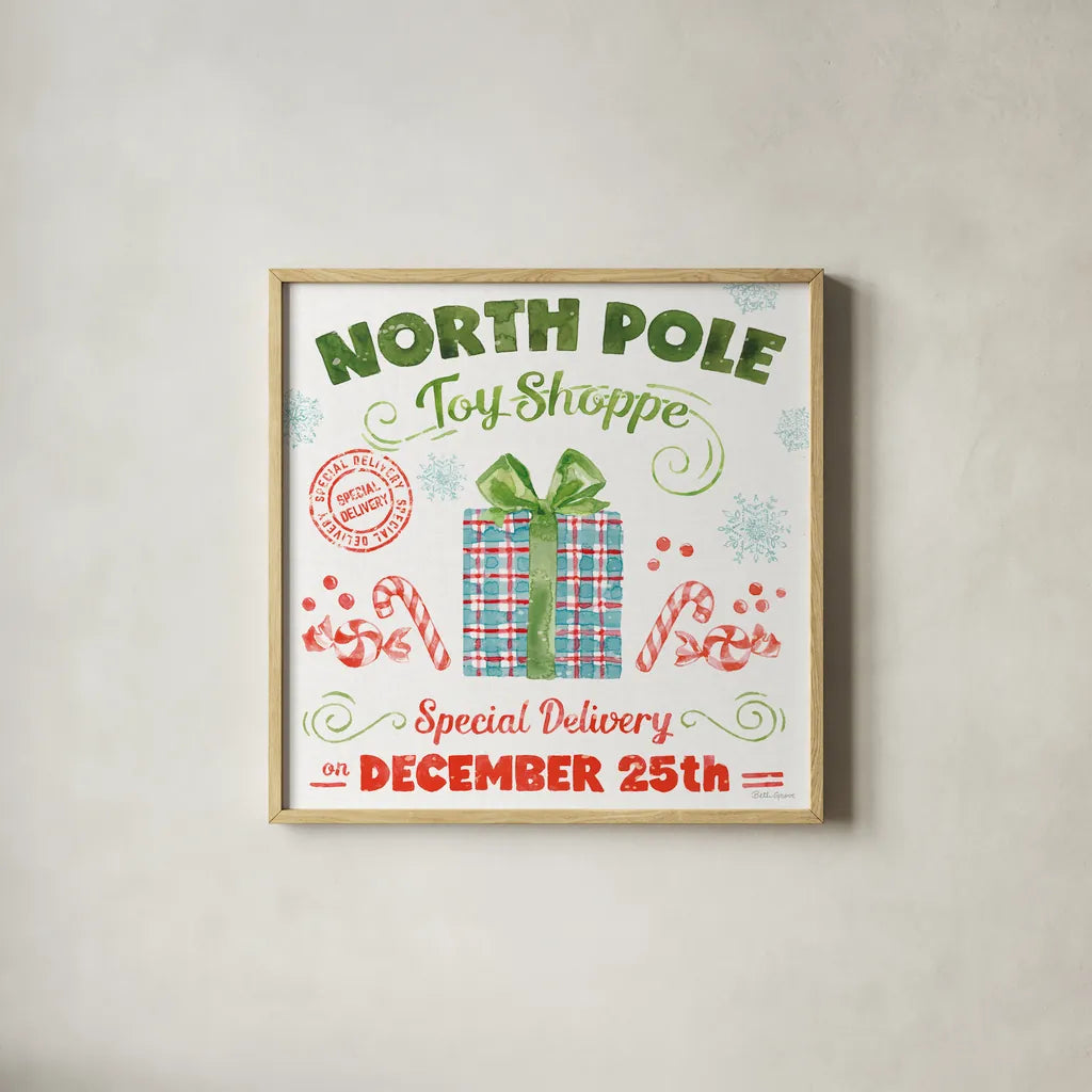 Santa Signs IV by Beth Grove. Shown in a natural wood glass frame for a timeless modern aesthetic. Available as an archival giclee rolled canvas, fine art paper, or poster print. SKU 74592a.