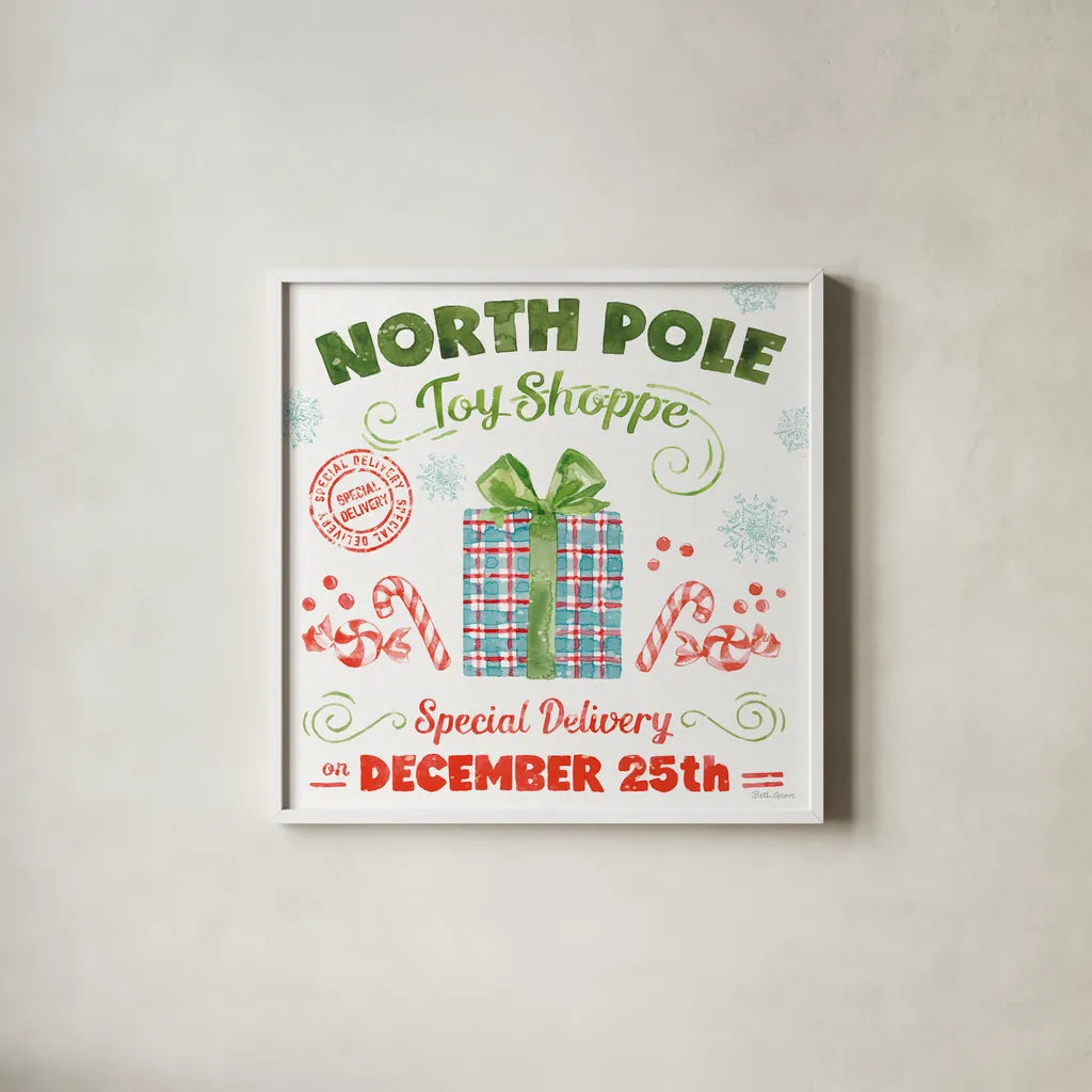 Santa Signs IV by Beth Grove. Shown in a crisp white glass frame for a clean and minimalist style. Available as an archival giclee rolled canvas, fine art paper, or poster print. SKU 74592a.