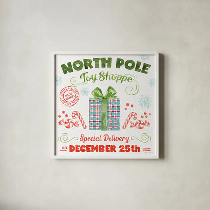 Santa Signs IV by Beth Grove. Shown in a crisp white glass frame for a clean and minimalist style. Available as an archival giclee rolled canvas, fine art paper, or poster print. SKU 74592a.