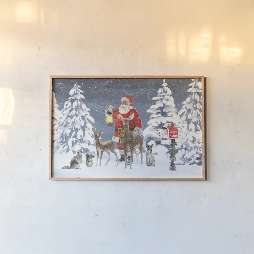 Santas List I by Beth Grove. shown as a paper print in a natural frame. Available as a archival giclee rolled canvas, fine art paper, or poster print. SKU 71702i.