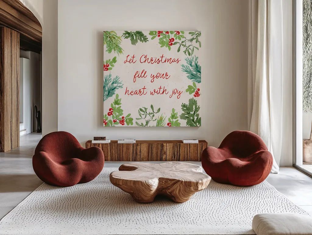 Santas List VI by Beth Grove. Shown as extra-large giant wall art in a modern living room. Available as an archival giclee rolled canvas, fine art paper, or poster print. SKU 71707a.