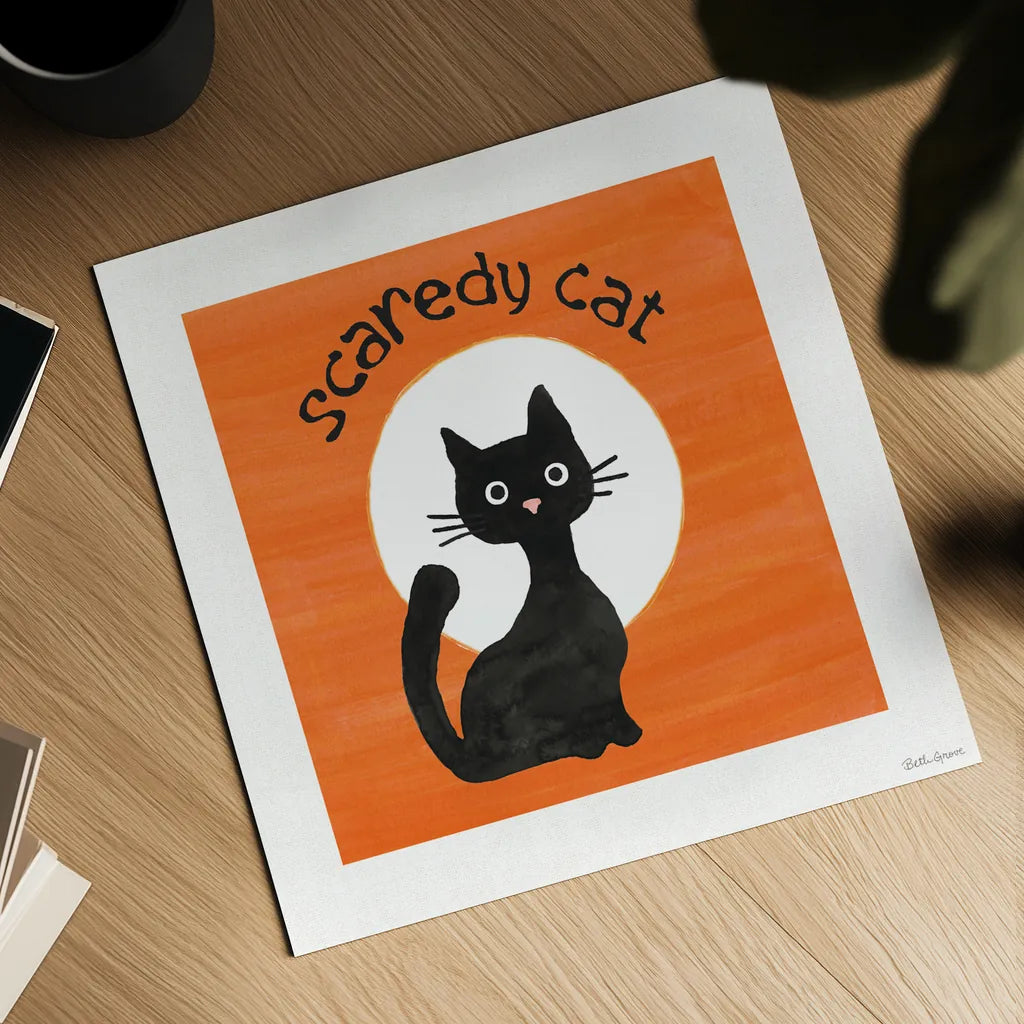 Scaredy Cat Orange by Beth Grove. Shown as a detailed flat fine art print, highlighting archival giclee quality. Available as an archival giclee rolled canvas, fine art paper, or poster print. SKU 95254a.