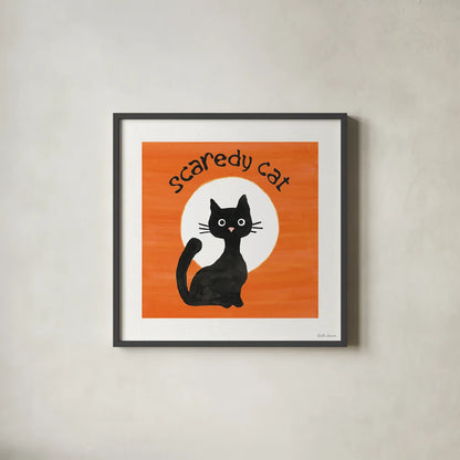 Scaredy Cat Orange by Beth Grove. Shown in a sleek black glass frame for a contemporary gallery look. Available as an archival giclee rolled canvas, fine art paper, or poster print. SKU 95254a.