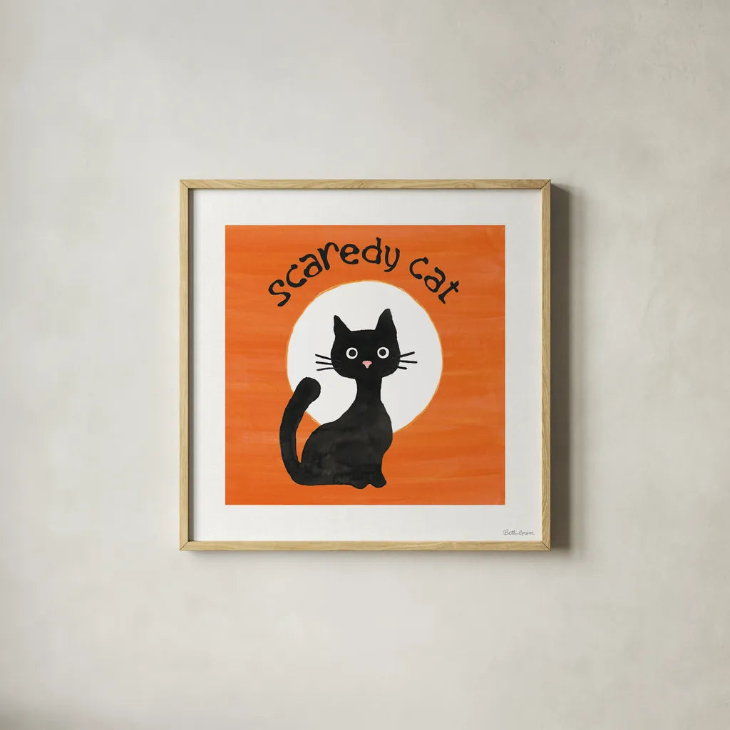 Scaredy Cat Orange by Beth Grove. Shown in a natural wood glass frame for a timeless modern aesthetic. Available as an archival giclee rolled canvas, fine art paper, or poster print. SKU 95254a.