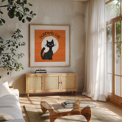 Scaredy Cat Orange by Beth Grove. Shown in a natural wood frame in a cozy modern living room. Available as an archival giclee rolled canvas, fine art paper, or poster print. SKU 95254a.