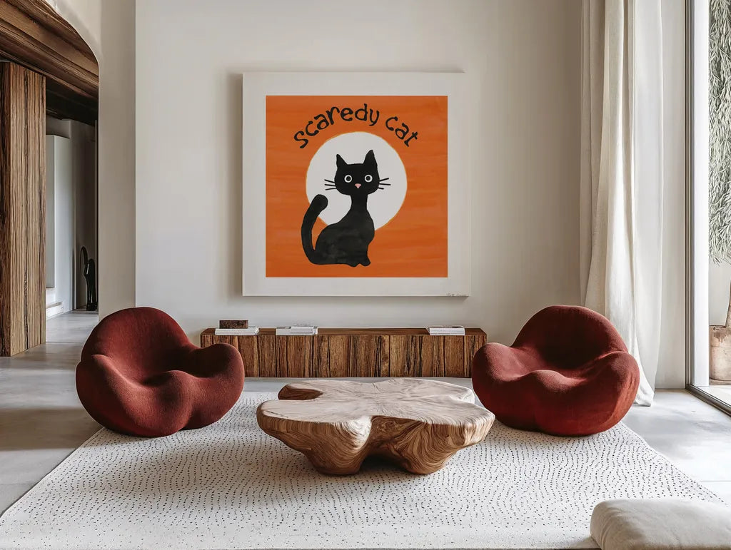 Scaredy Cat Orange by Beth Grove. Shown as extra-large giant wall art in a modern living room. Available as an archival giclee rolled canvas, fine art paper, or poster print. SKU 95254a.