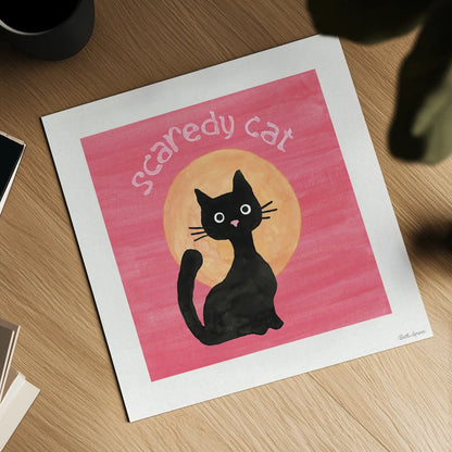 Scaredy Cat Pink by Beth Grove. Shown as a detailed flat fine art print, highlighting archival giclee quality. Available as an archival giclee rolled canvas, fine art paper, or poster print. SKU 95255a.