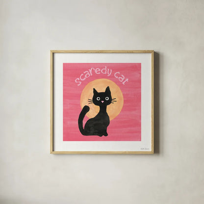 Scaredy Cat Pink by Beth Grove. Shown in a natural wood glass frame for a timeless modern aesthetic. Available as an archival giclee rolled canvas, fine art paper, or poster print. SKU 95255a.