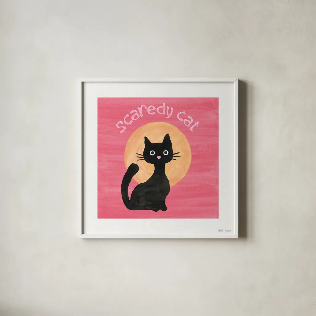 Scaredy Cat Pink by Beth Grove. Shown in a crisp white glass frame for a clean and minimalist style. Available as an archival giclee rolled canvas, fine art paper, or poster print. SKU 95255a.