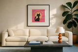 Scaredy Cat Pink by Beth Grove. Displayed in a glass frame with matte in a clean modern living room. Available as an archival giclee rolled canvas, fine art paper, or poster print. SKU 95255a.