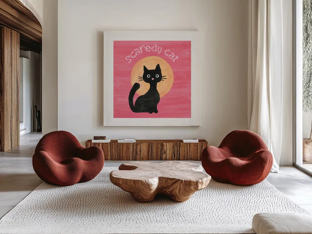 Scaredy Cat Pink by Beth Grove. Shown as extra-large giant wall art in a modern living room. Available as an archival giclee rolled canvas, fine art paper, or poster print. SKU 95255a.