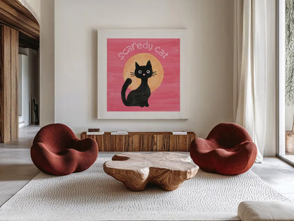 Scaredy Cat Pink by Beth Grove. Shown as extra-large giant wall art in a modern living room. Available as an archival giclee rolled canvas, fine art paper, or poster print. SKU 95255a.