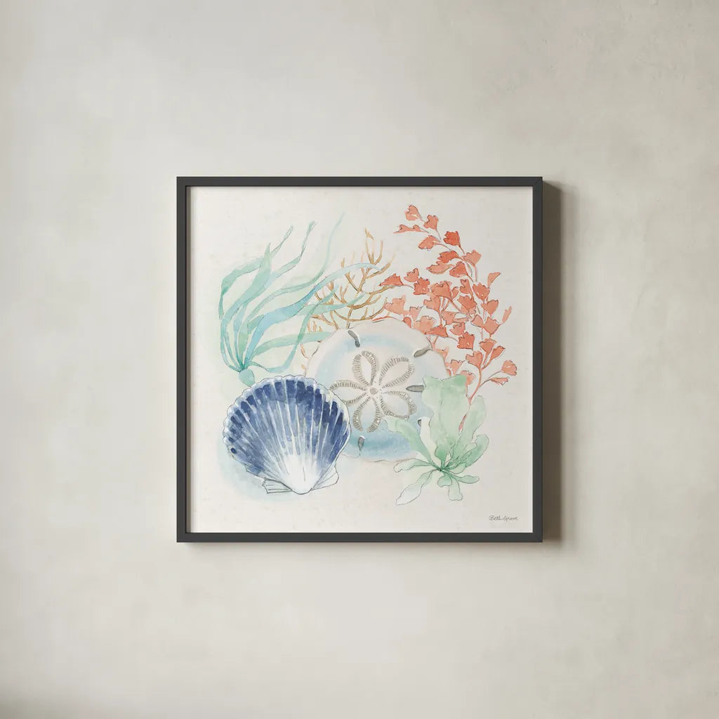 Seaside II by Beth Grove. Shown in a sleek black glass frame for a contemporary gallery look. Available as an archival giclee rolled canvas, fine art paper, or poster print. SKU 78685a.