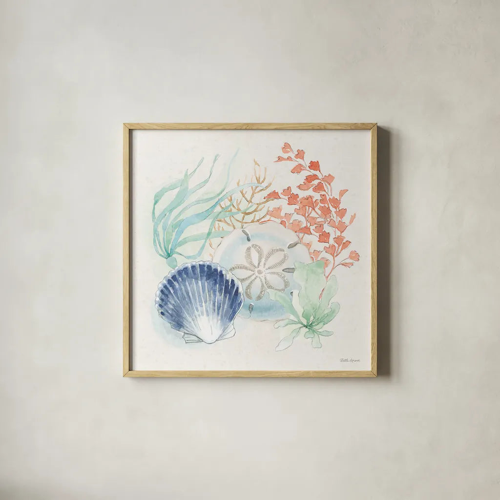 Seaside II by Beth Grove. Shown in a natural wood glass frame for a timeless modern aesthetic. Available as an archival giclee rolled canvas, fine art paper, or poster print. SKU 78685a.