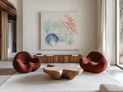 Seaside II by Beth Grove. Shown as extra-large giant wall art in a modern living room. Available as an archival giclee rolled canvas, fine art paper, or poster print. SKU 78685a.