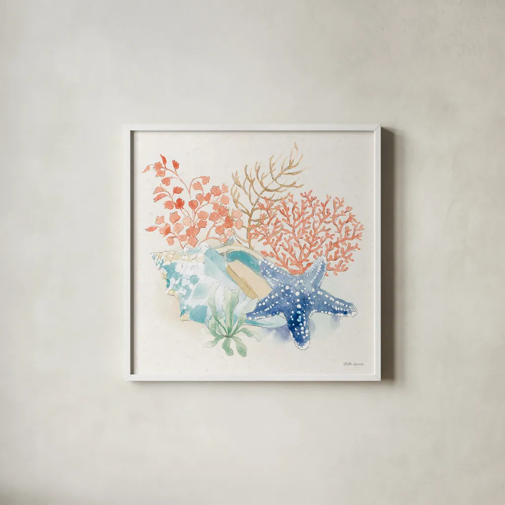 Seaside III by Beth Grove. Shown in a crisp white glass frame for a clean and minimalist style. Available as an archival giclee rolled canvas, fine art paper, or poster print. SKU 78686a.