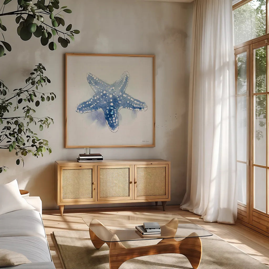 Seaside VI by Beth Grove. Shown in a natural wood frame in a cozy modern living room. Available as an archival giclee rolled canvas, fine art paper, or poster print. SKU 78689a.